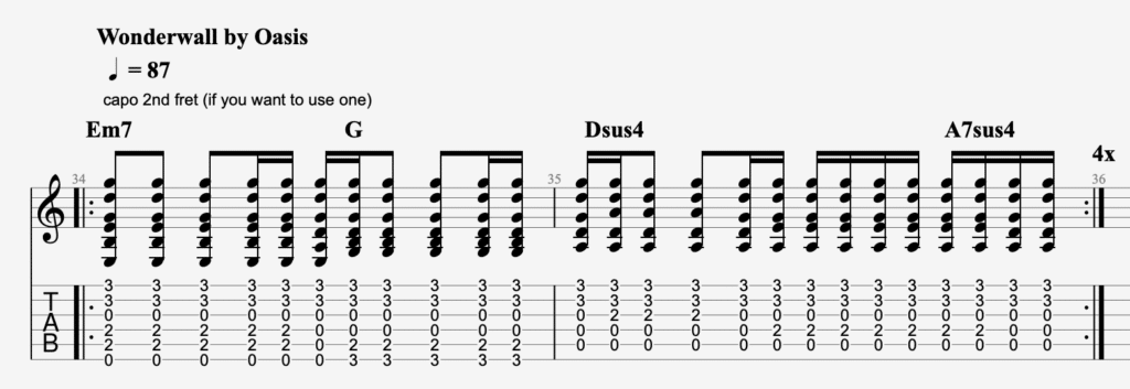 wonderwall oasis guitar tab, beginner guitar song
